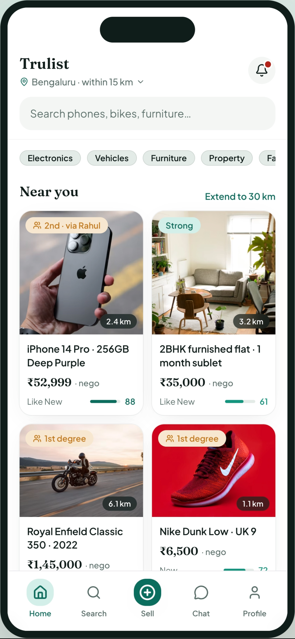Trulist home feed showing nearby listings with trust scores