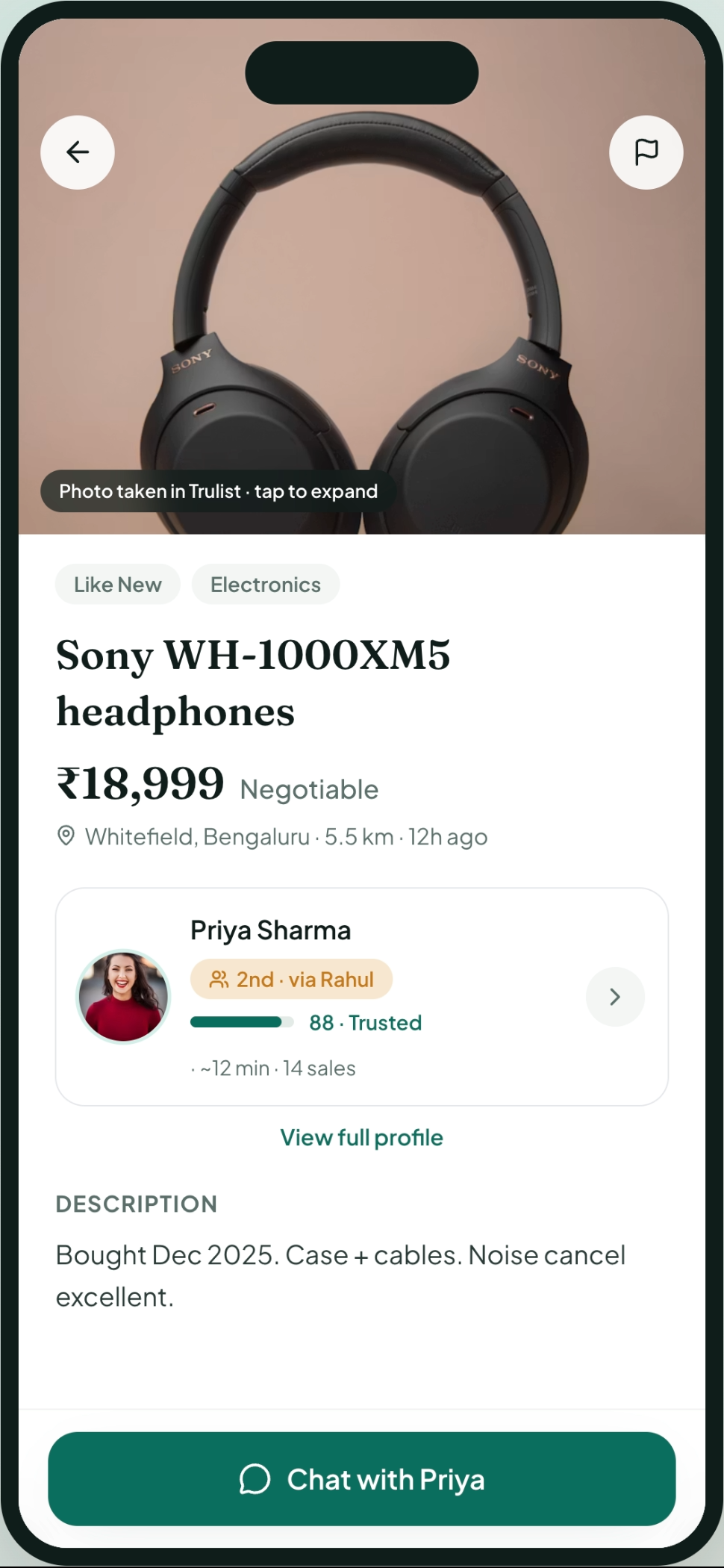 A Trulist listing showing photo, price, and the seller's trust score