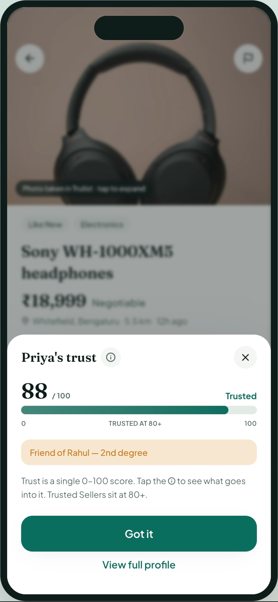 The trust score explainer showing 88 out of 100 and the friend-of-Rahul connection