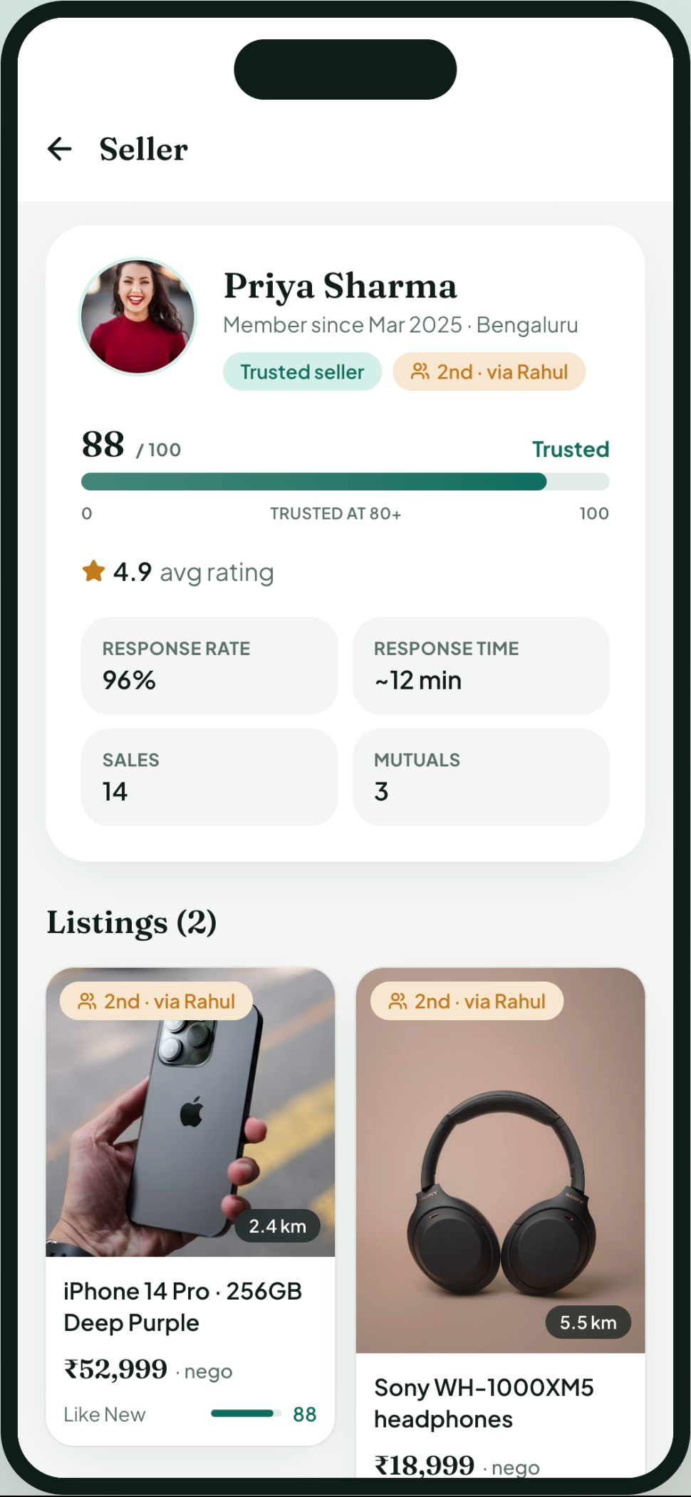 A Trulist seller profile with trust score, response time, and mutuals